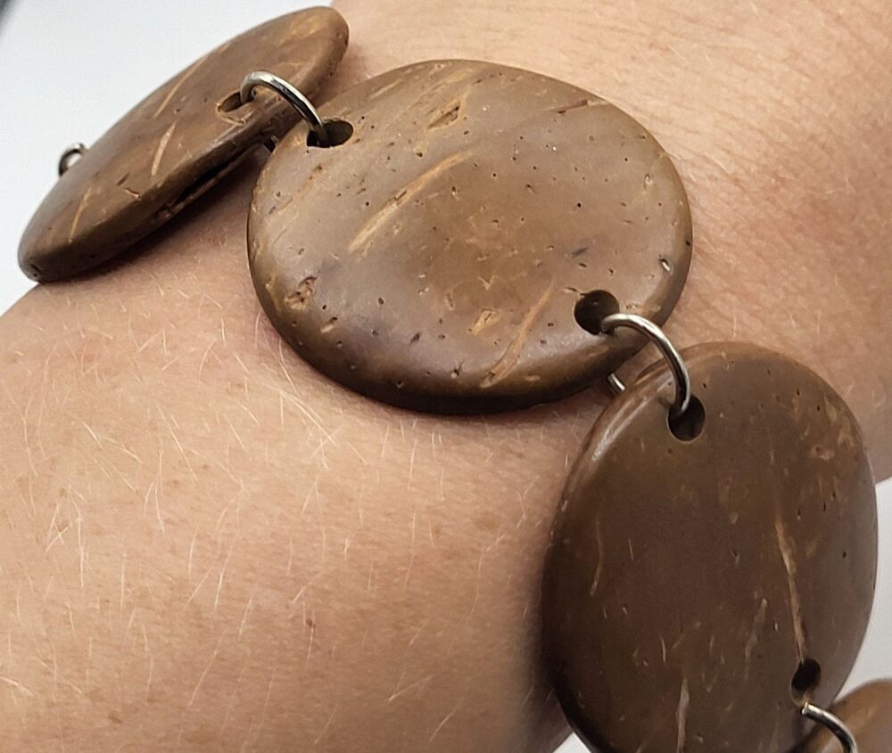 Vintage Natural Coconut Shell Disc Link Bracelet Brown Boho Beach Tropical 7"